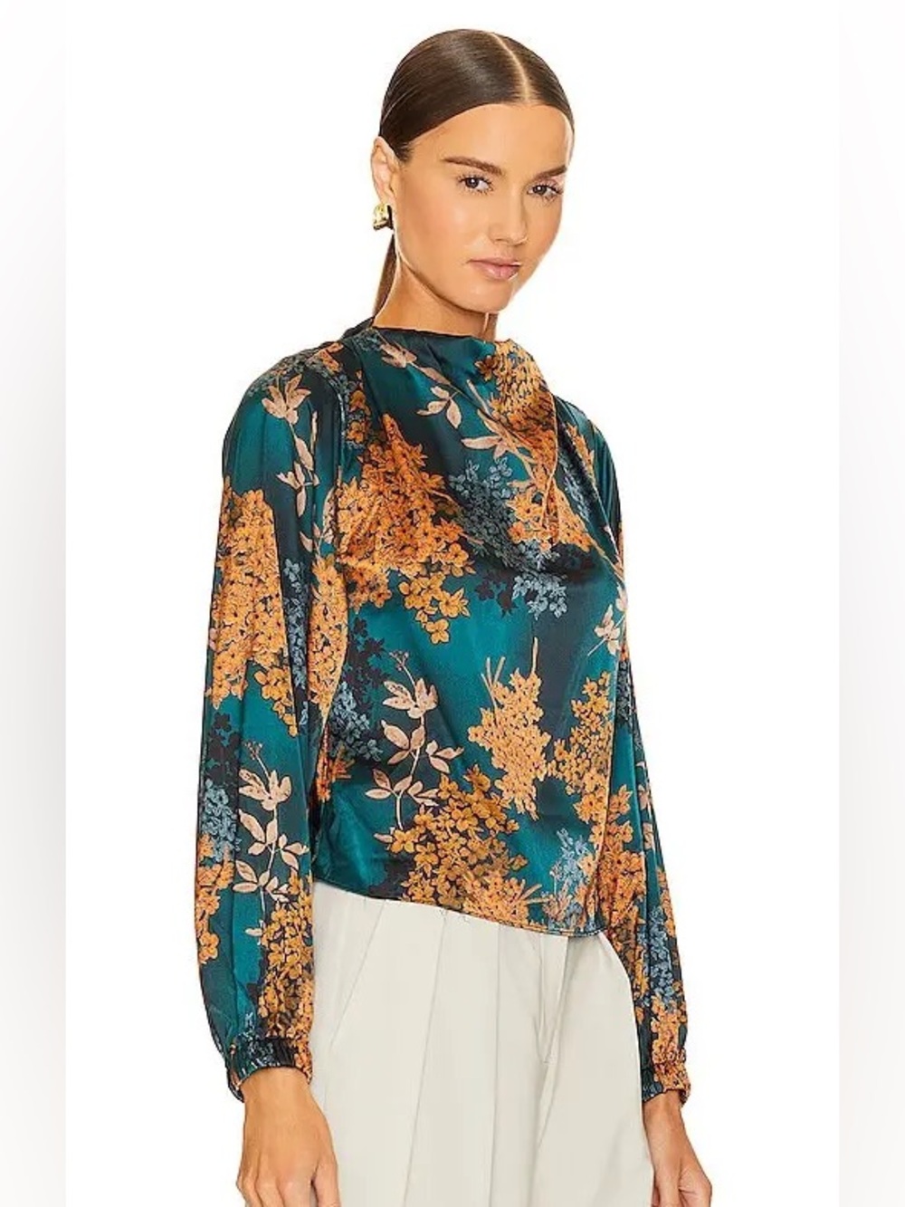 Anthropologie ASTR Teal Satin Floral Long-Sleeve Blouse draped top